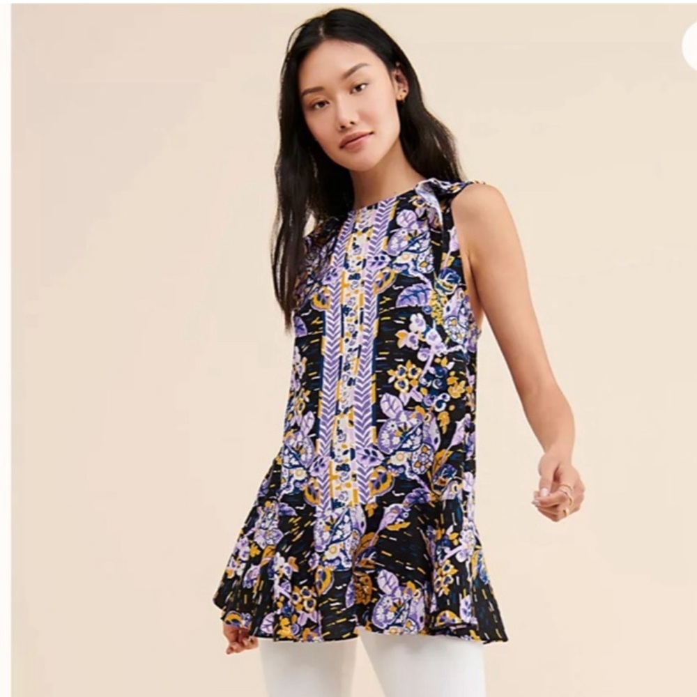 Free People Summer in Tulum Tunic Top Ruffle Tie Back  Combo Floral
